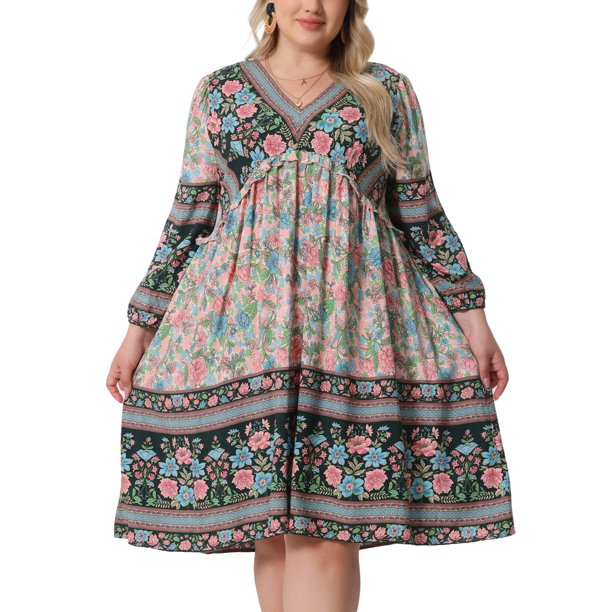 Agnes Orinda Vestido de Verano Talla Grande para Mujeres Escuela Universidad Casual Bohemio Floral Cuello en V Manga 3/4 Midi Corto Vestido de Playa 2X Azul Rosa