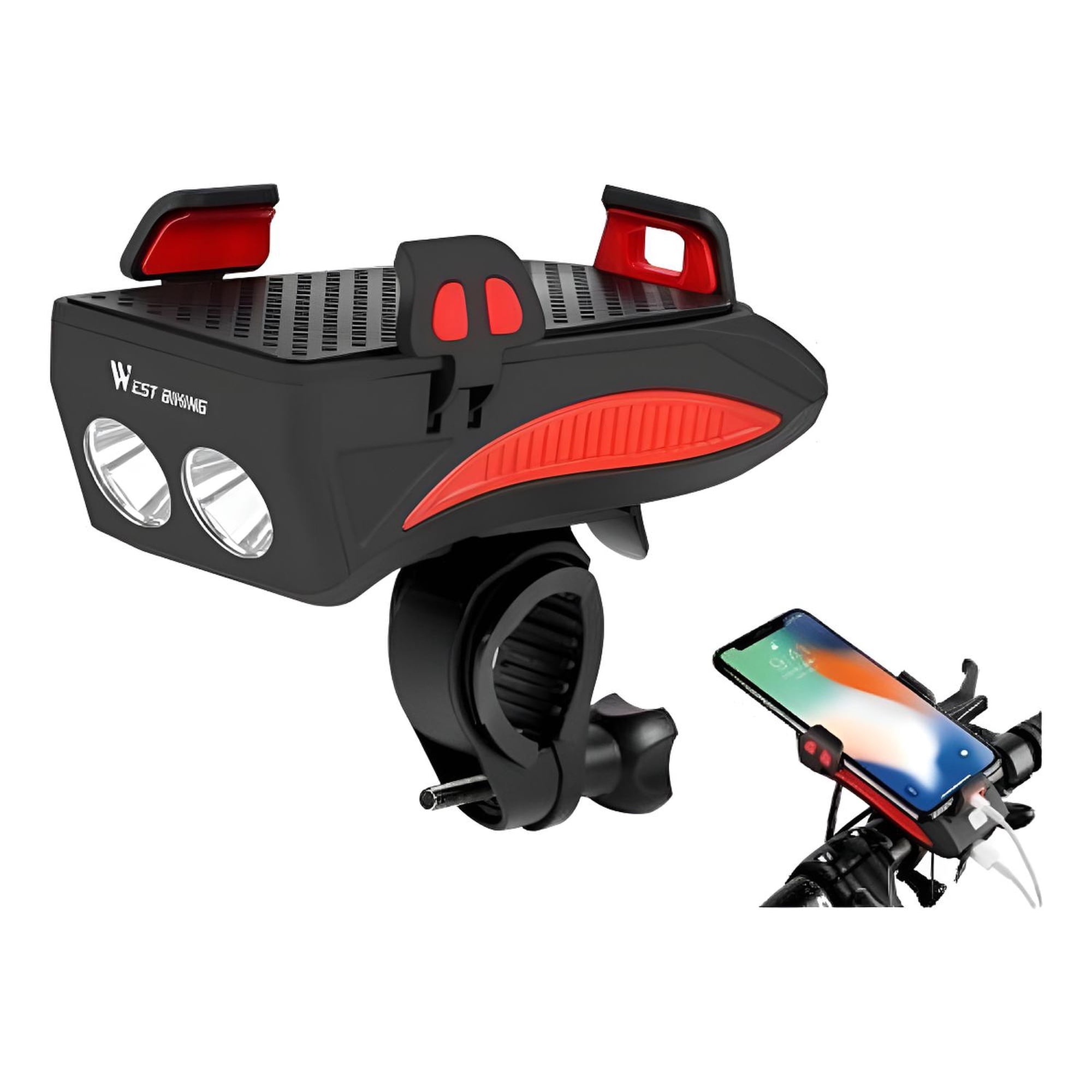 West Biking - Luz Bocina Porta Carga Celular Bicicleta Delantera Foco Usb Rojo
