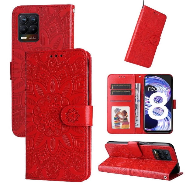 Funda tipo cartera FOXDOCK para Realme 8 Pro , diseño girasol en relieve, cuero PU, cierre magnético, soporte y tarjetero