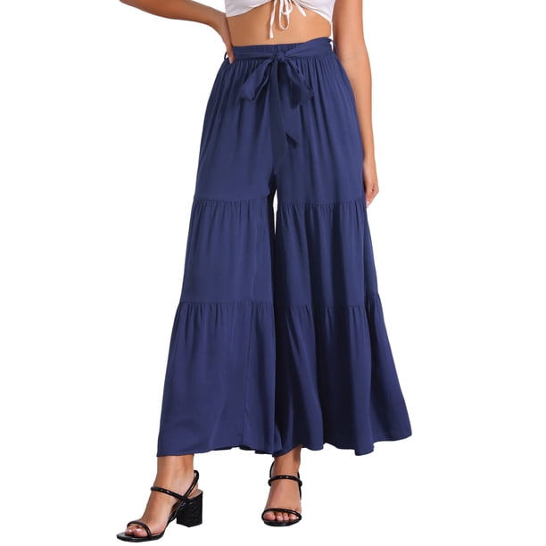 INSPIRE CHIC Pantalones Boho para Mujer Cintura Alta Elástica Acampanados con Volantes Palazzo Chic Pantalones de Pierna Ancha L Azul Oscuro