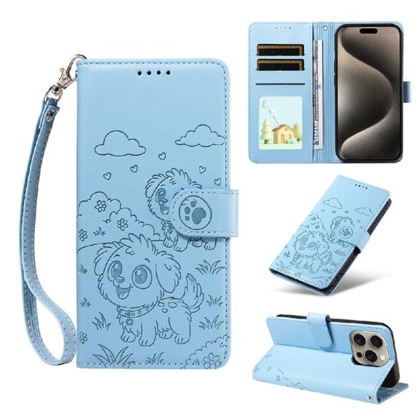 Funda Cartera para iPhone 15 Pro Perro Cachorro Grabado con Tarjetas Soporte Correa Azul