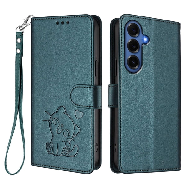 Funda Volteable con Diseño de Gato para Samsung Galaxy S26 Plus, Verde Oscuro