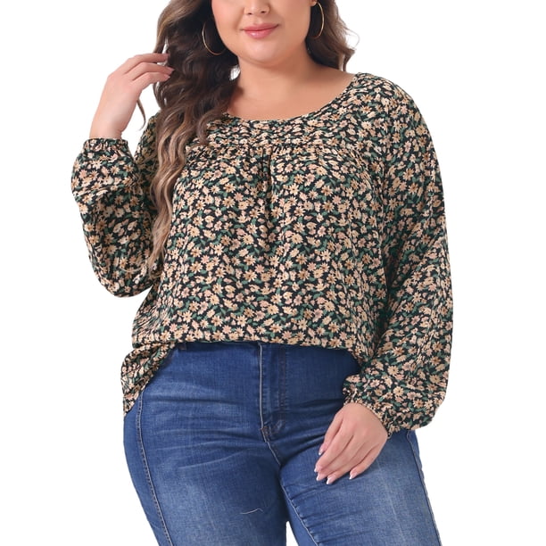 Agnes Orinda Blusas Casuales de Talla Grande para Mujer, Tops Escolares Universitarios, Floral Ditsy, Cuello Redondo, Manga Larga, Puño Elástico, 4X Negro Beige