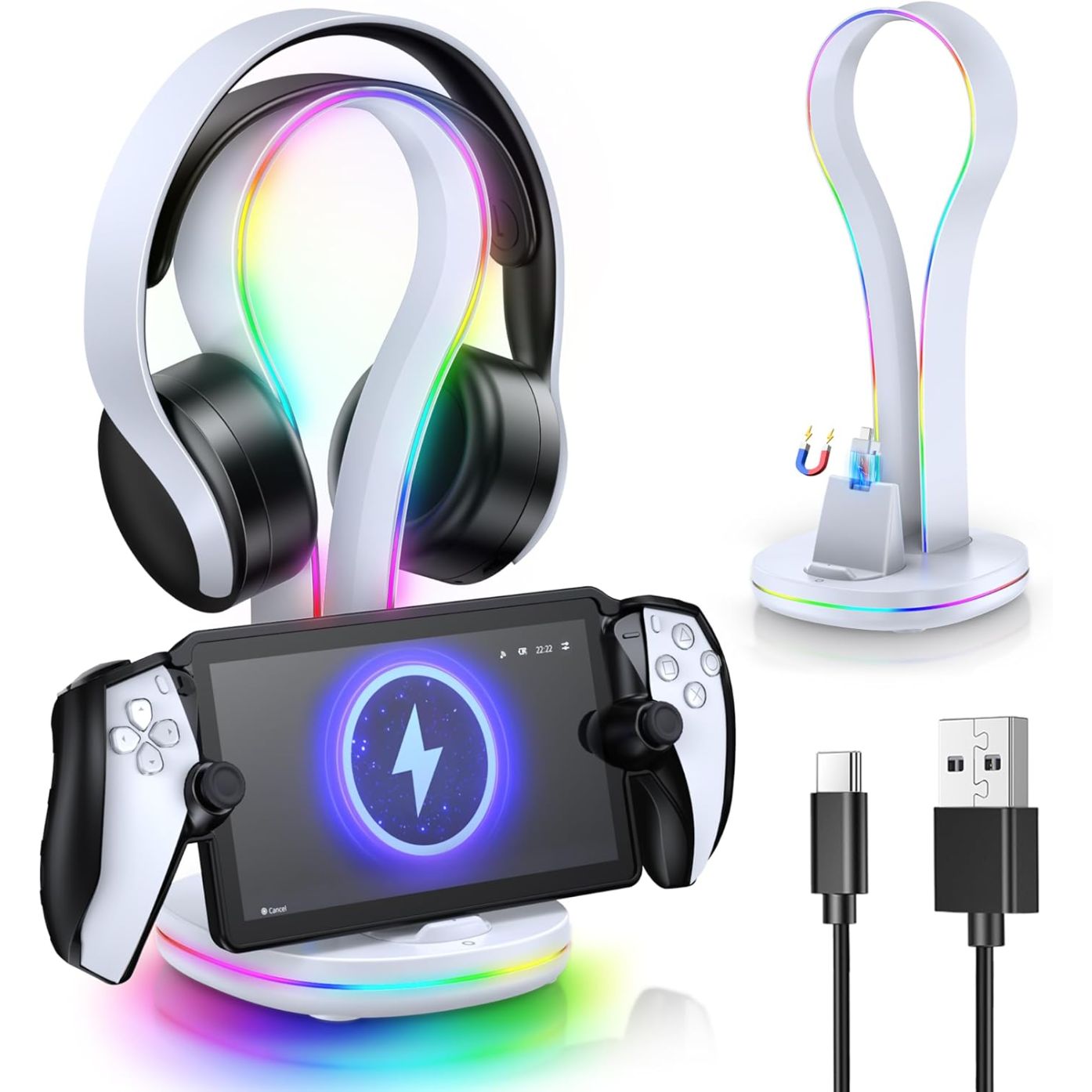 Genérico - Soporte De Carga Magnético Para Playstation Portal Y Auriculares Inalámbricos, Base De Carga Para Fundas Para Accesorios Ps Portal, Soporte Para Auriculares, 11 Modos De Led Y 2 Puertos Usb-blanco