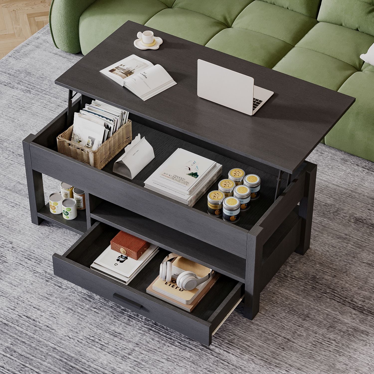 Element Design - Mesa De Centro Con Tapa Elevable Y Cajon Negro