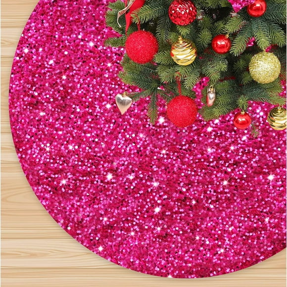 Falda para árbol de Navidad FANPROMS con lentejuelas, 90 cm, terciopelo rosa intenso