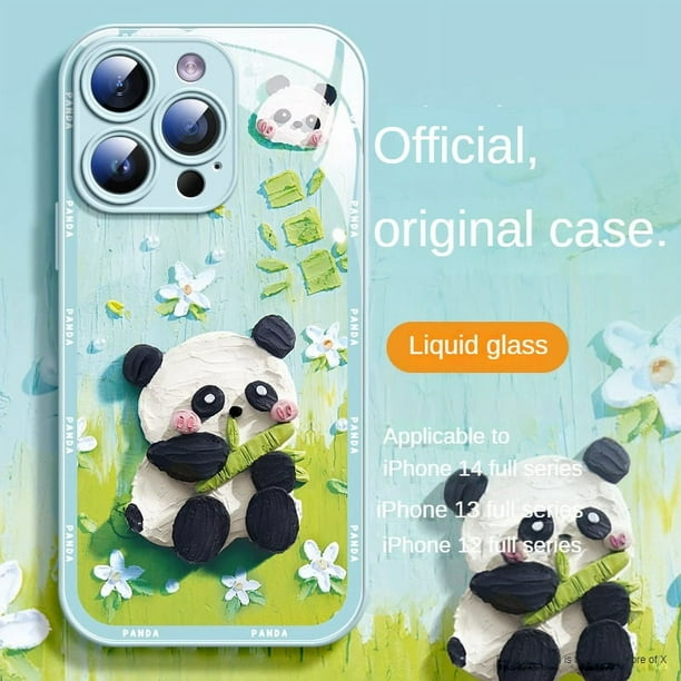 For 14 Phone Case Panda Bamboo Female Liquid Glass With Built-in Lens Film New Model Suitable For IPhone 14/13promax+ 12 Silicone Plus Lens Full Package Anti-drop Couple Phone Case