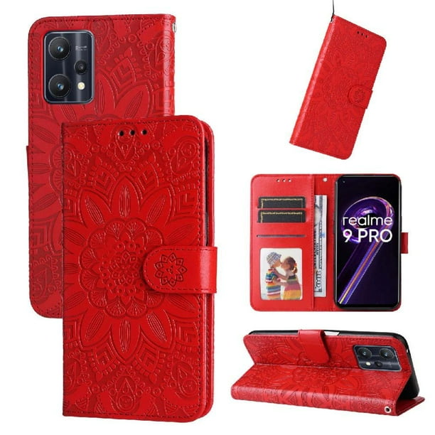 Funda tipo cartera FOXDOCK para Realme 9 Pro , diseño girasol en relieve, cuero PU, cierre magnético, soporte y tarjetero