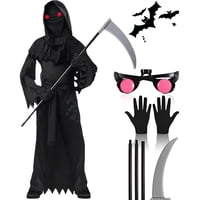 Genérica - Disfraz Grim Reaper Ojos Rojos Y Guadaña Halloween Cosplay Viene Con Hoz, Gafas Luminosas Y Guantes. L(160-175Cm)