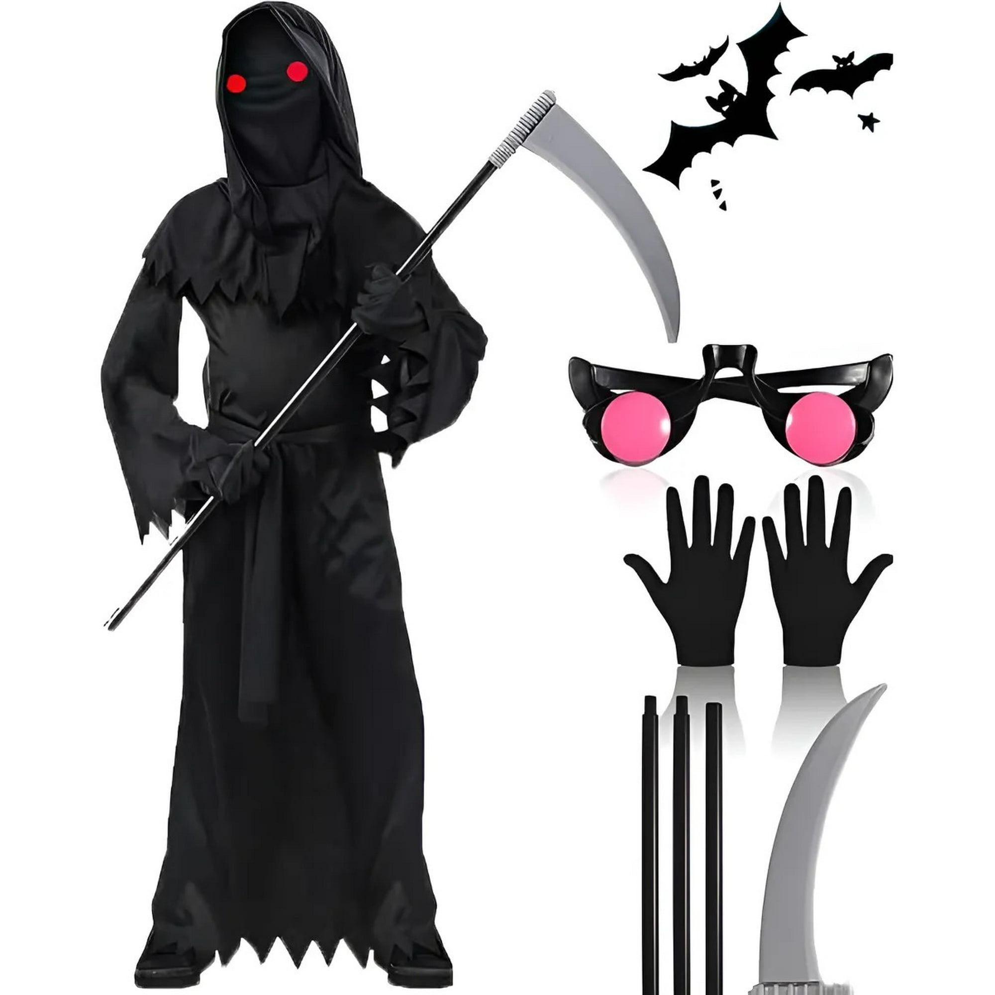 Genérica - Disfraz Grim Reaper Ojos Rojos Y Guadaña Halloween Cosplay Viene Con Hoz, Gafas Luminosas Y Guantes. L(160-175cm)