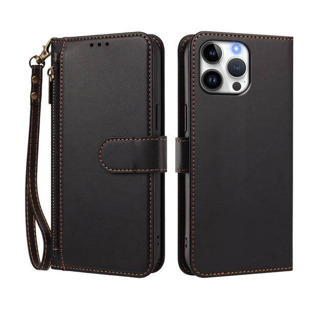 Funda Tipo Billetera para iphone16 Promax con Soporte y Bolsillo con Cierre Negro