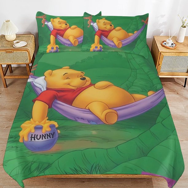 Winnie The Pooh Bed Duvet Cover Microfiber Bedding Sets 3D Printed Lightweight 3 Piece Comforter Sets for Kids Boys Girls