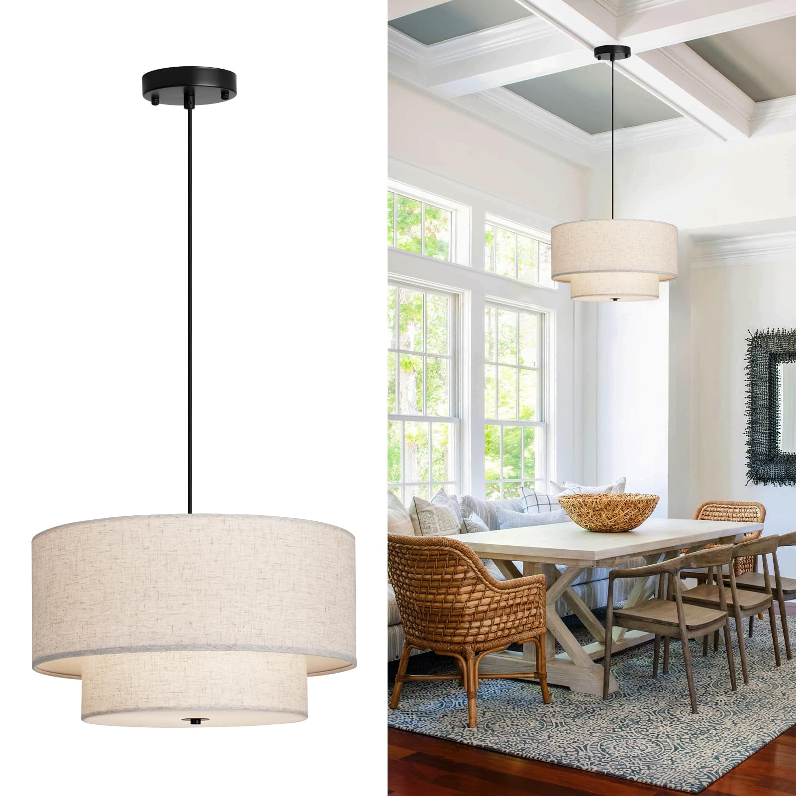 Lámpara Colgante Hiluxia 18, Moderna, Doble Tambor, Tela, 46 Cm