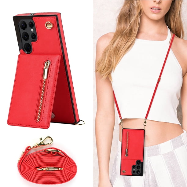 Crossbody Wallet Case Case For Samsung Galaxy S23 S22 Plus Note 20 Ultra With Card Slot Holder, Magnetic Flip Folio Purse Case, PU Leather Zipper Handbag With Detachable Lanyard Strap