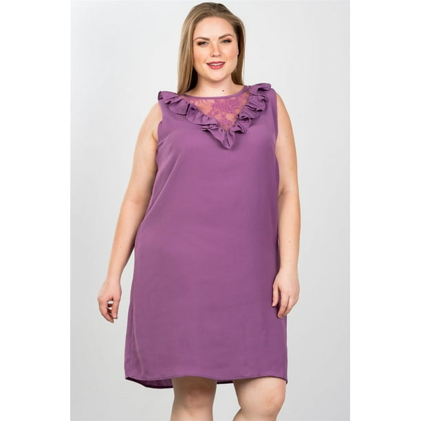 Vestido Midi Recto con Inserción de Encaje de Talla Grande