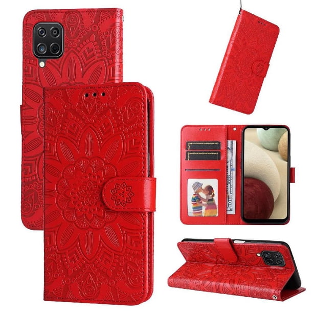 Funda tipo cartera FOXDOCK para Samsung Galaxy A12 , diseño girasol en relieve, cuero PU, cierre magnético, soporte y tarjetero