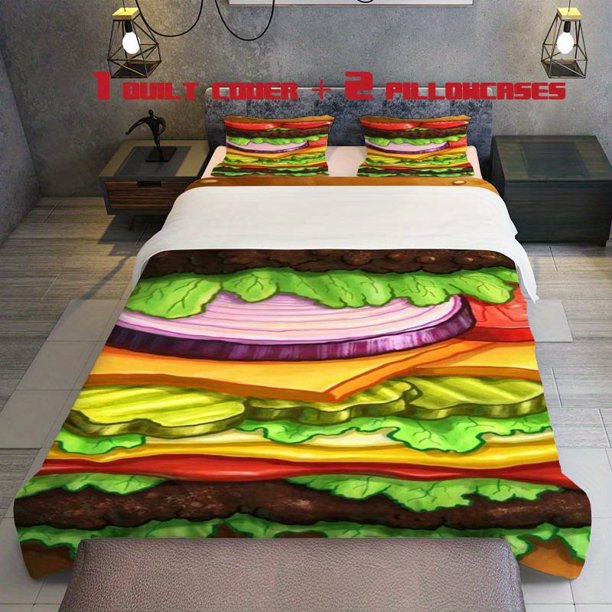3pcs Hamburger Digital Printing Theme Pattern Bedding Three piece Set Quilt Cover and Pillowcase
