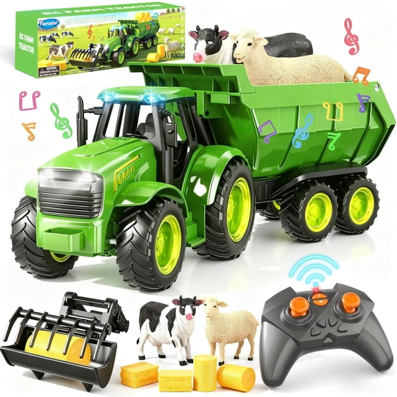 Tractor de juguete RC Funwee con luces, música y remolque para niños