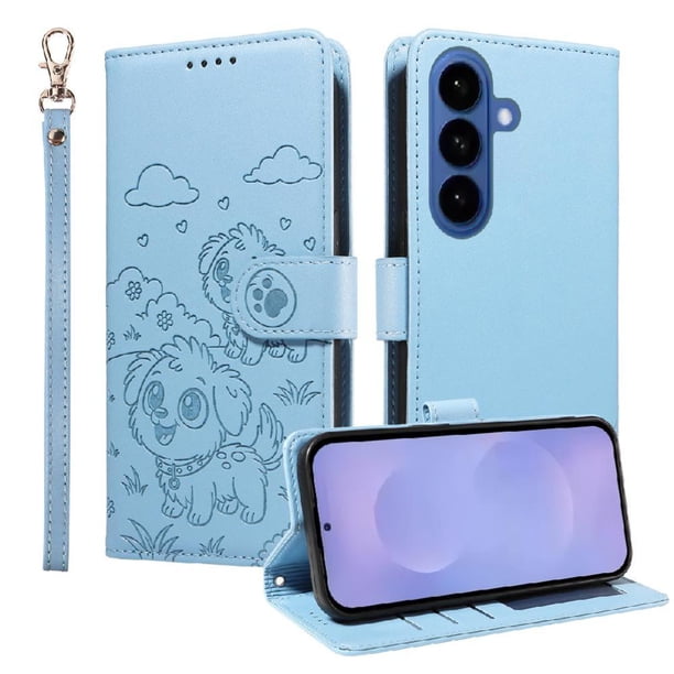 Funda Cartera para Samsung Galaxy S26 Plus Perro Cachorro Grabado con Tarjetas Soporte Correa Azul