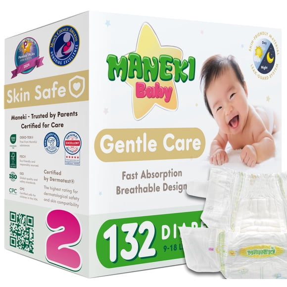 Pañales MANEKI Talla 2 Paquete de 132 Unidades Hipoalergénicos