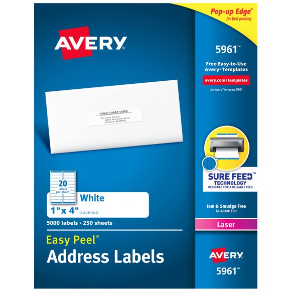 Etiquetas de dirección Avery Easy Peel Sure Feed de 1 x 4 pulgadas 5000, blancas