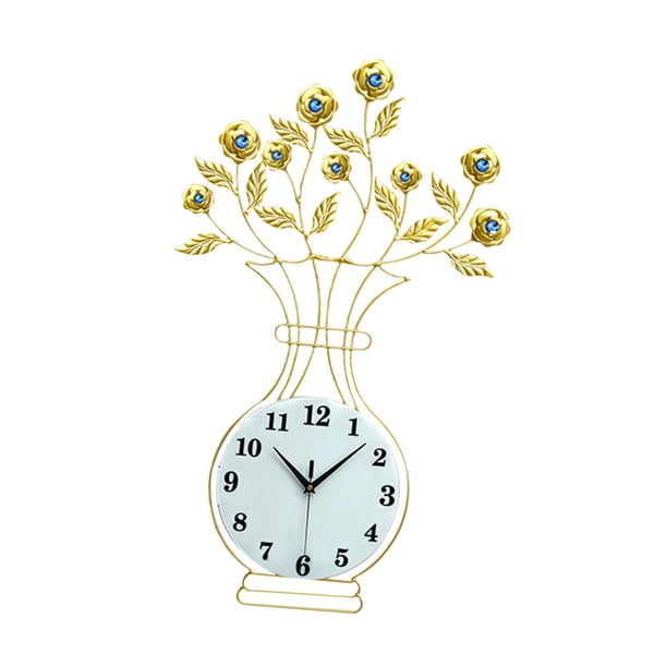 Reloj De Pared De Metal Decoración Hojas Adorno De Pared Florero Hogar Pasillo Dormitorio Esfera De Vidrio