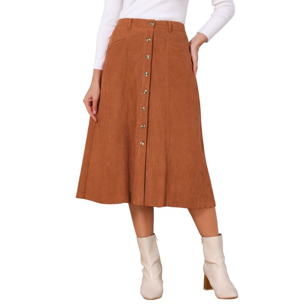 INSPIRE CHIC Falda de Pana en Línea A para Mujer Otoño Invierno Cintura Alta Falda Midi Abotonada con Bolsillos Conjunto de Oficina Trabajo L Caramelo