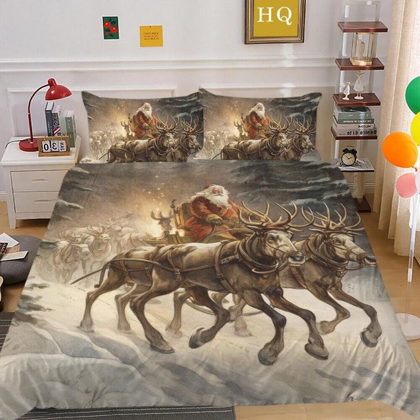Cartoon Snow Christmas Tree Santa Claus Reindeer Quilt Duvet Cover Set3-Piece Bedding Set