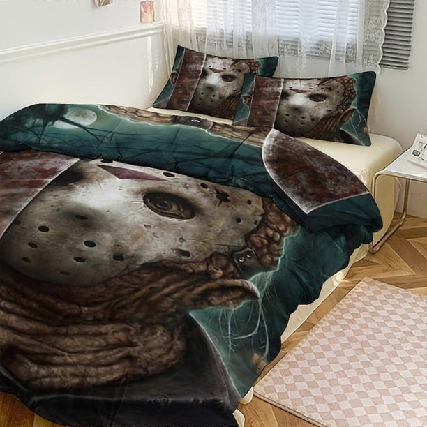 Juego de ropa de cama con estampado de Jason Voorhees, funda nórdica, juego de 3 piezas, funda nórdica y fundas de almohada para mujeres, hombres y adolescentes. Elija entre
