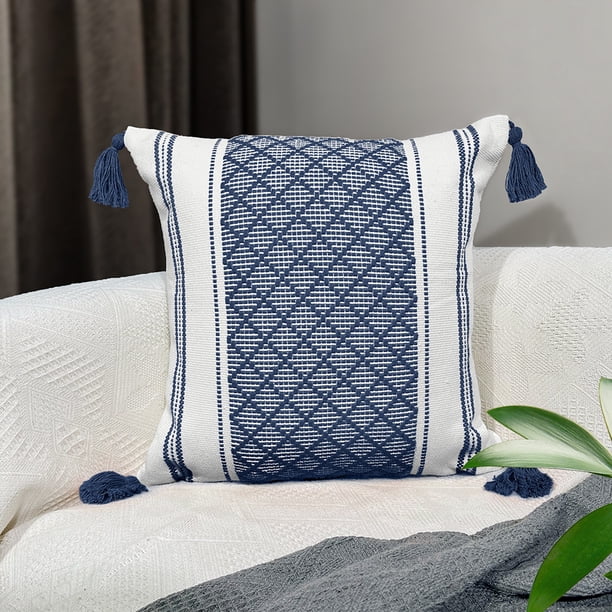 XmhyTop Almohada bohemia (2 pieza), 45 x 45 cm, Material de chenilla felpuda neutra, con funda y relleno incluido, ideal para sala de estar, sofá, cama, Estilo A, Azul