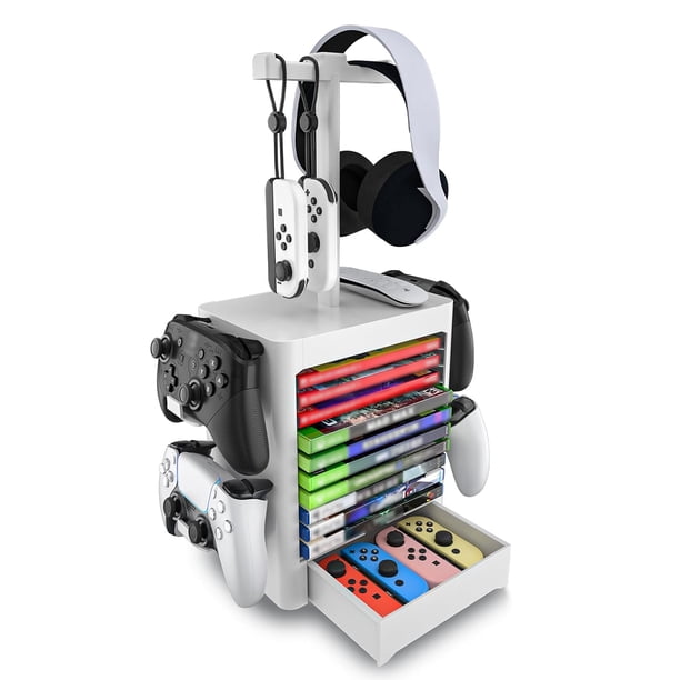 Torre de almacenamiento multifuncional para discos de juego para PS5, estante para discos de juego y soporte para controladores/auriculares compatible con Xbox Series X/Switch/PS4