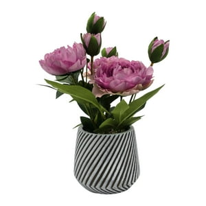 Fliperex - Planta Artificial Macetero A Rayas Con Rosas Decorativas Purpura