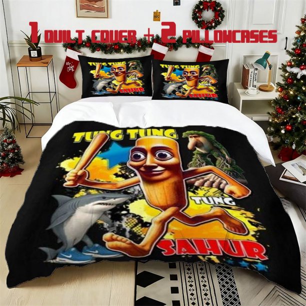 3pcs Italian Brainrot Printed Bedding Set Soft Polyester Duvet Cover with 2 Pillowcases All Season Comfort