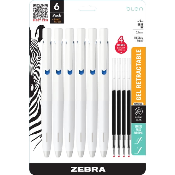 Bolígrafo retráctil de gel Zebra Pen BLen, 0,7 mm, tinta azul, paquete de 6