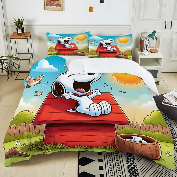 v1953 Bed Sheets Skin-friendly duvet cover pillowcase, Snoopy cute bedding set, cartoon print boy and girl home single double bed /pcs 3-Piece Bedding Set (1 Duvet Cover + 2 Pillow Shams) Bed Sheets j