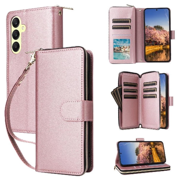 Funda Cartera con Cremallera y Correa para Samsung Galaxy A25 Soporte y Tarjetero Oro rosa