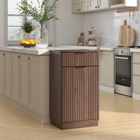 M&Ms - 10-Gallon Woodgrain Tilt-Out Trash Can Cabinet Wooden Garbage Recycling Cabinet With Wave-Textured Hideaway Drawer&Pull-Out Bin-Multipurpose Kitchen/Bath Organizer In Walnut Finish