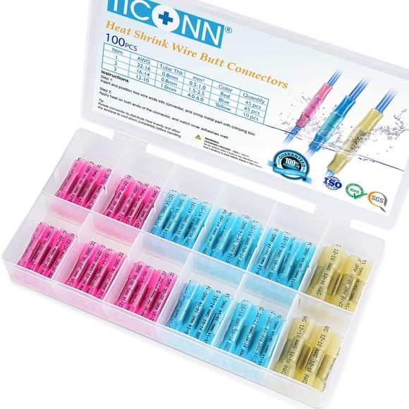 Kit de conectores de cable a tope termorretráctiles TICONN, 100 piezas