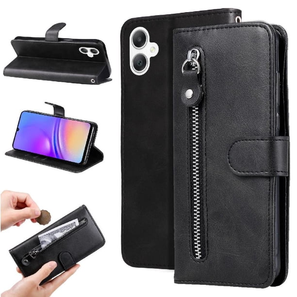 Funda tipo cartera para Samsung Galaxy A06 con bolsillo con cremallera y ranuras para tarjetas – Función de soporte Negro