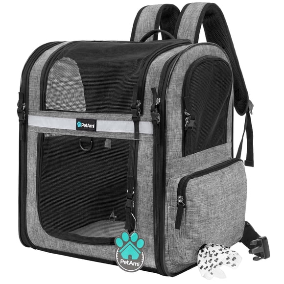 Mochila transportadora para perros PetAmi 8 kg gris con entrada 4 vías