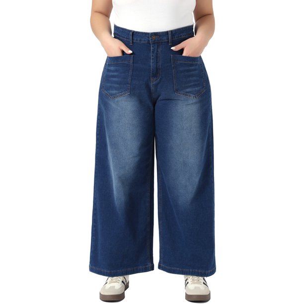 Agnes Orinda Jeans de Mujer Talla Grande Pierna Recta Ancha Cintura Alta Pantalones de Mezclilla Elásticos con Bolsillos 2X Azul