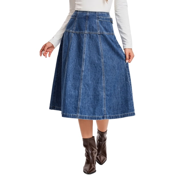 INSPIRE CHIC Falda de Jean para Mujer de Cintura Alta Casual A-Line Midi Falda de Mezclilla M Azul