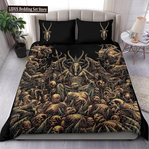 x2576 Bed SheetsSkull Skeleton Satanic Goat Skull Duvet Cover Set Trophy Demon Breed Bedding Sets Night Blue Pink Satanic Baphomet Quilt Cover 3-Piece Bedding Set (1 Duvet Cover + 2 Pillow Shams) nj25