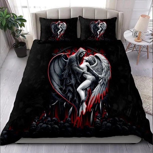 Skull and Beauty Duvet Cover Set Gothic Sugar Skull Angels and Demons Bedding Set with Pillowcase Double Bed Sets
