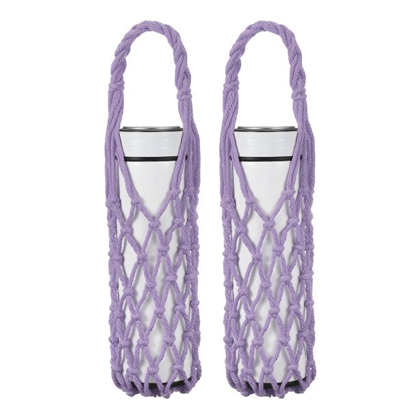 Uxcell 2Pcs Bolsa Portabotellas de Agua de Crochet, Soporte de Taza de Cuerda de Algodón Tejido a Mano con Asa Trenzada, Bolsa Reutilizable para Senderismo, Viaje y Compras (Púrpura Claro)