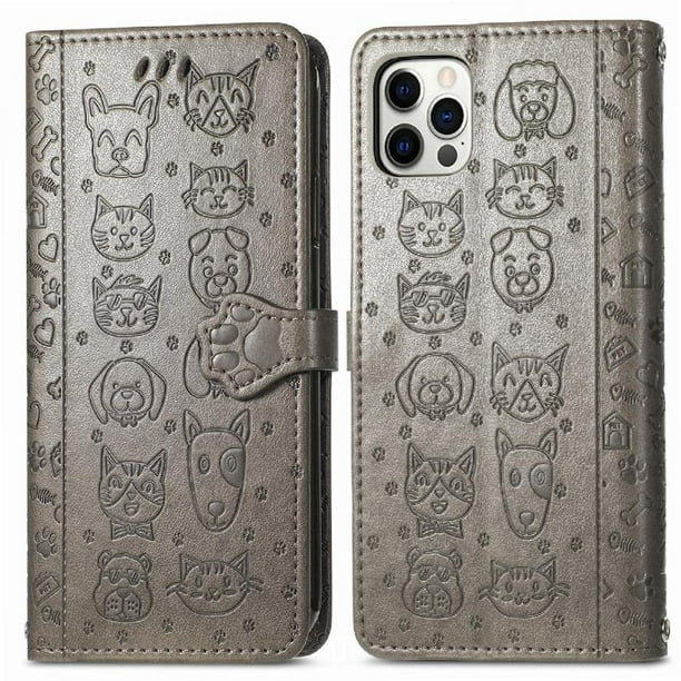 Funda Cartera FOXDOCK para iPhone 12 ProMax , Flip PU con Relieve de Gatos y Perros, Tarjetero y Soporte
