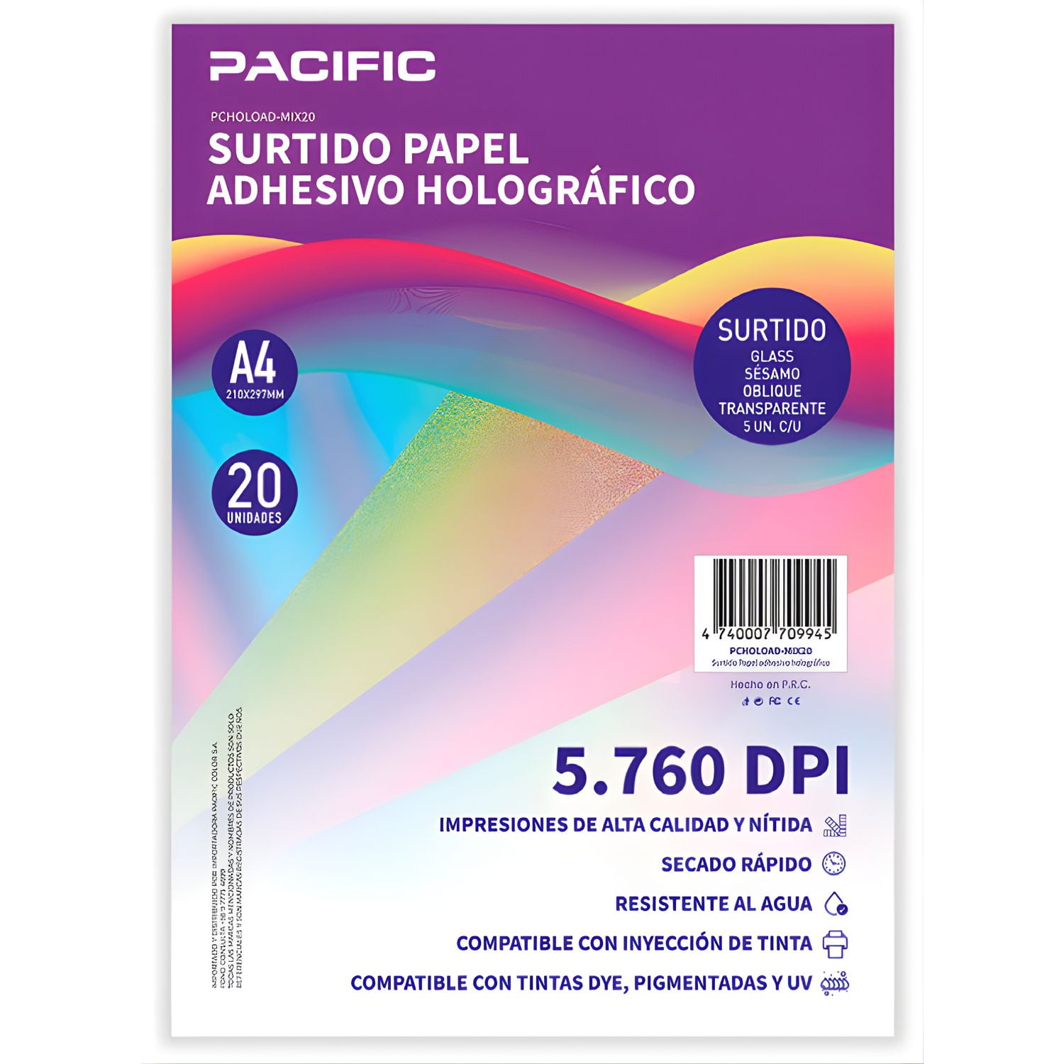 Pacific - Papel Adhesivo Holografico 20 Hojas Surtido A4 - Ps