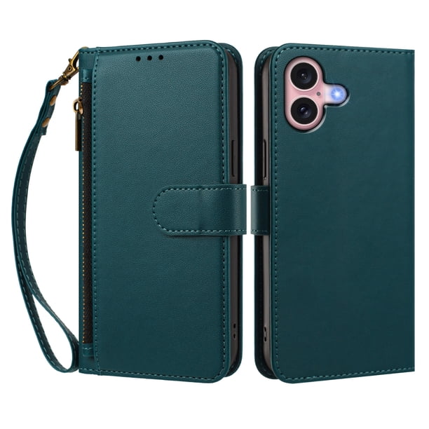 Funda Tipo Billetera para iphone16 con Soporte y Bolsillo con Cierre Verde