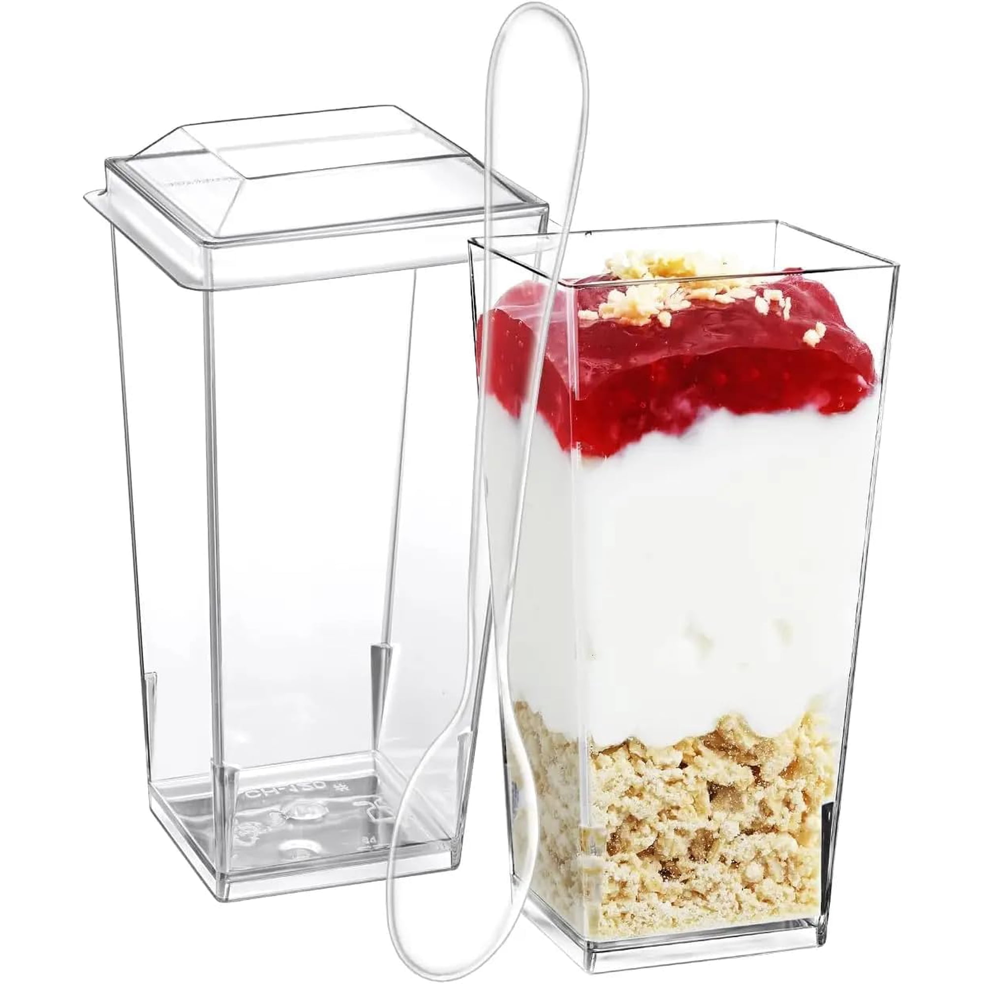 Generic - Vasos De Postre, 100 Unidades, 90 Ml, Con Tapas Y Cucharas Para Fiestas Y Hogar