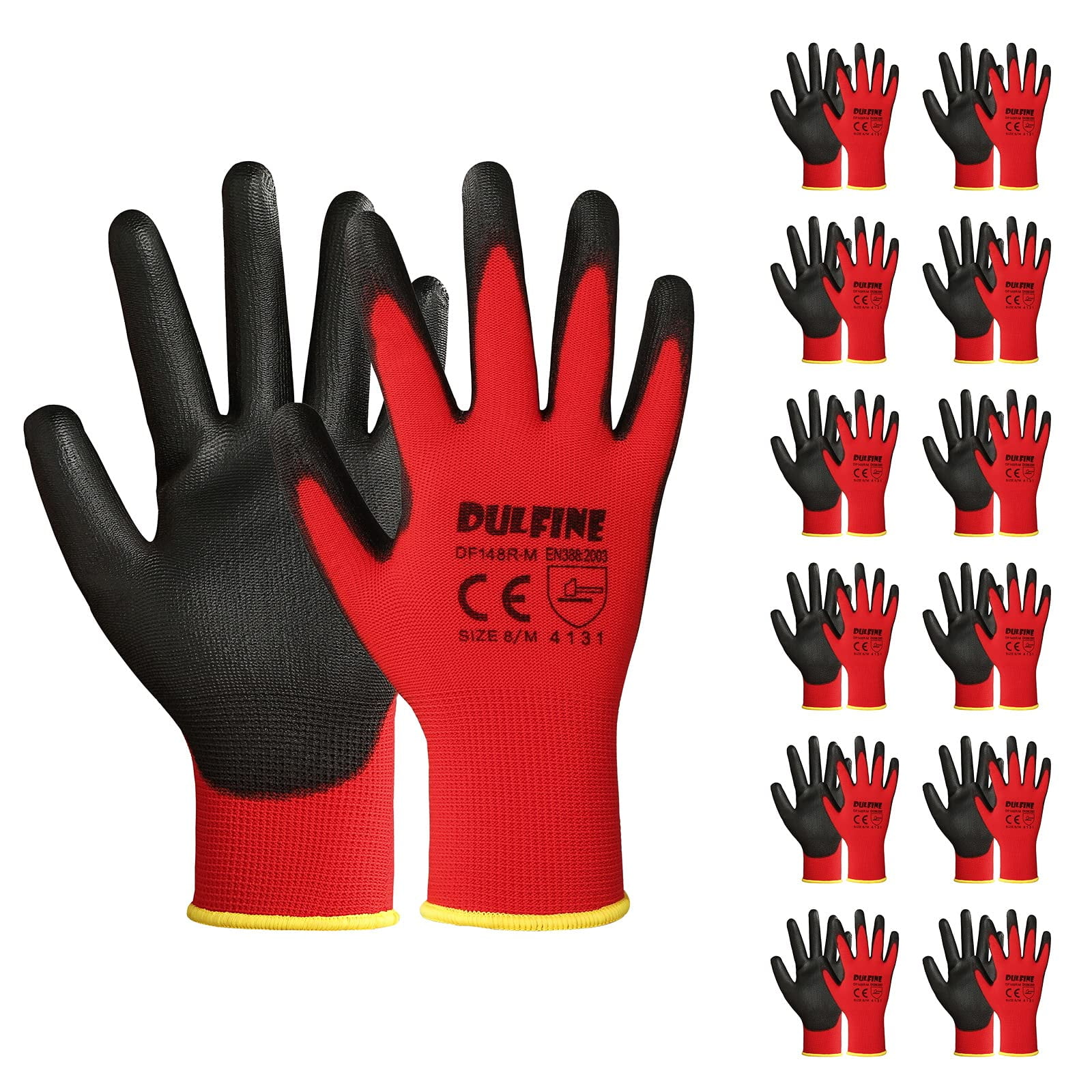Guantes De Trabajo Dulfine Con Revestimiento De Poliuretano Rojo Sin Costuras, 12 Pares